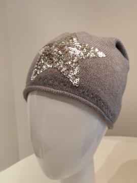 Beanie Mütze Star - hellgrau mit Pailetten